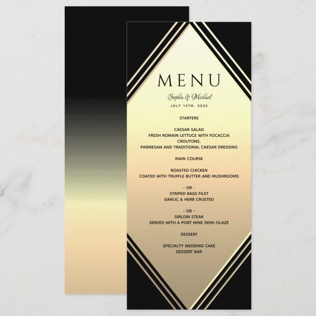 Menu Casamento Elegante em Dourado e Preto (Frente/Verso)