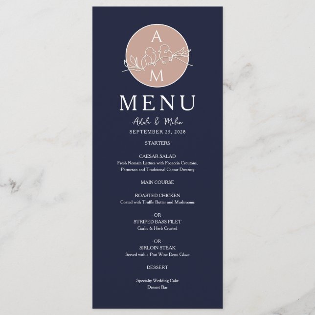 Menu Casamento Elegante em Dourado Rosa e Azul Marinho (Frente)