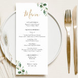 Menu Casamento Elegante Eucalyptus Simple Greenery<br><div class="desc">Projetado para coordenar com a nossa coleção de casamento Moody Greenery,  este Menu personalizável apresenta a folhagem verde de cor d'água do eucalipto realçada com uma estrutura geométrica dourada no verso. Para fazer alterações avançadas,  vá para a opção "Clique para personalizar mais" em Personalizar este modelo.</div>