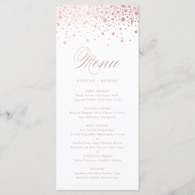 Menu Casamento Elegante Faux Rosa Gold Foil Confetti (Frente)