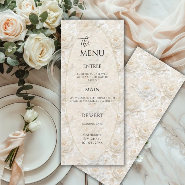 Menu Casamento Elegante Floral Branco Vintage (Criador carregado)