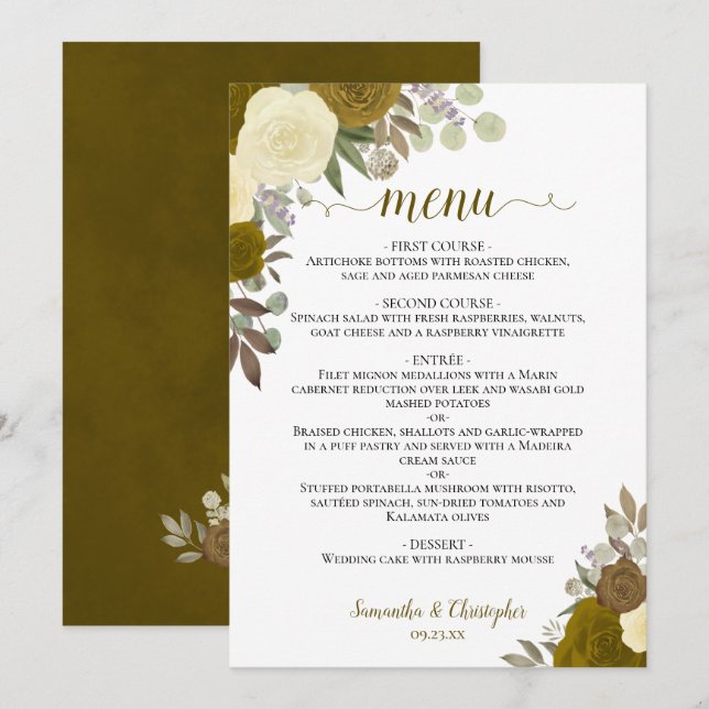 Menu Casamento Elegante Floral de Boho Boho, Rosas Dour (Frente/Verso)