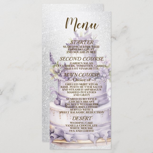 Menu Casamento Elegante Floral de Lavanda de Bolo do Pa (Frente/Verso)