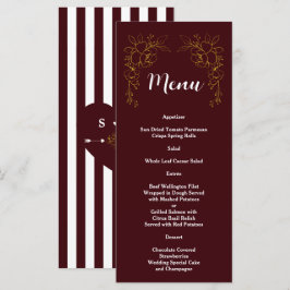 Menu Casamento Elegante Floral Dourado Listras Burgundy