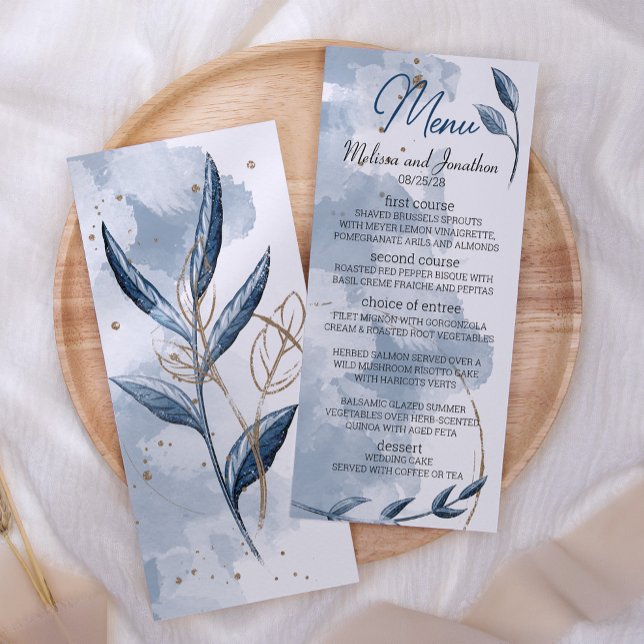 Menu Casamento Elegante Floral Moderno Dourado Azul (Criador carregado)