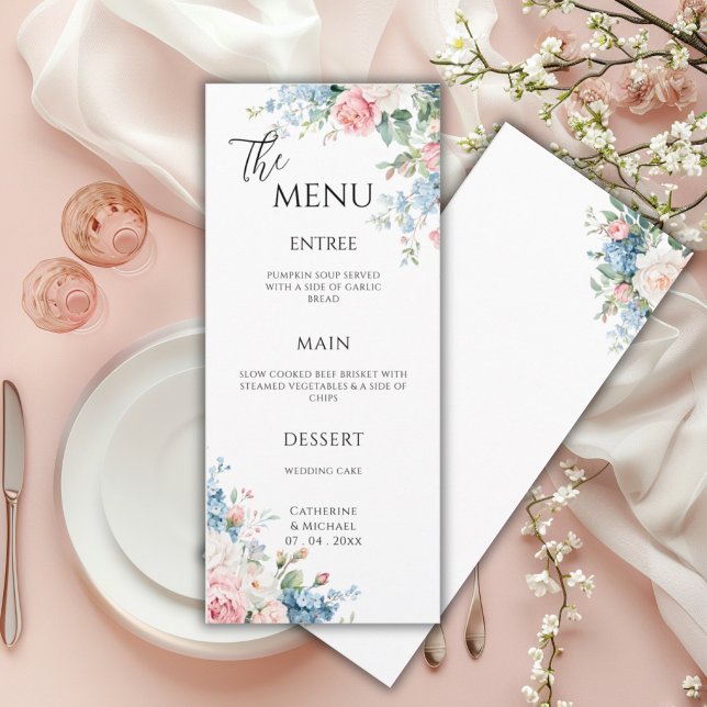 Menu Casamento Elegante Floral Rosa e Azul (Criador carregado)