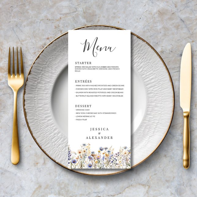 Menu Casamento Elegante Formal de Flores Azuis (Dusty Blue Wildflowers Formal Elegant Wedding Menu with Couple Names, Wedding Date.
)