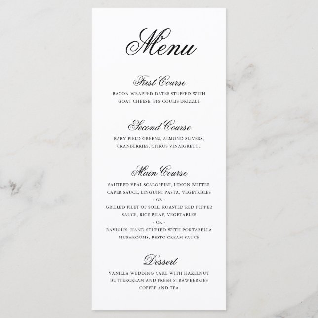 Menu Casamento Elegante Formal Tradicional de Preto e B (Frente)