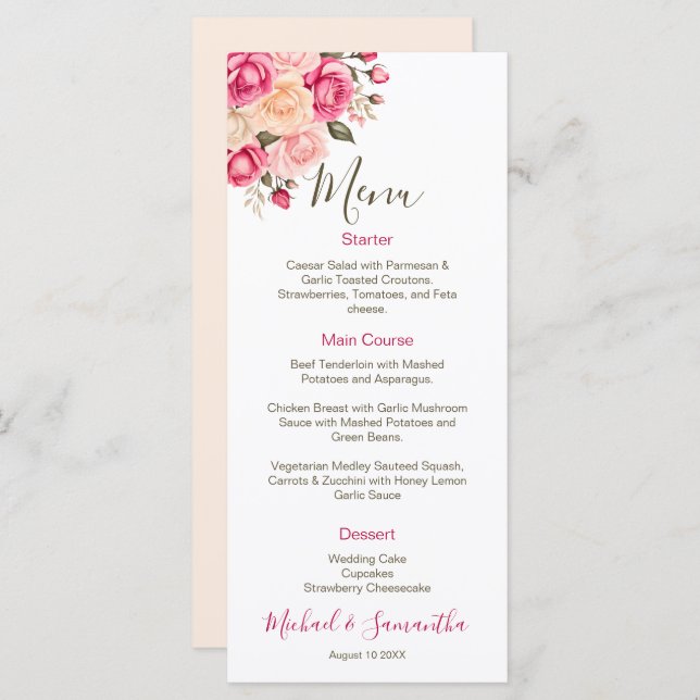Menu Casamento Elegante Fucia Pink e Ivory Rosa (Frente/Verso)