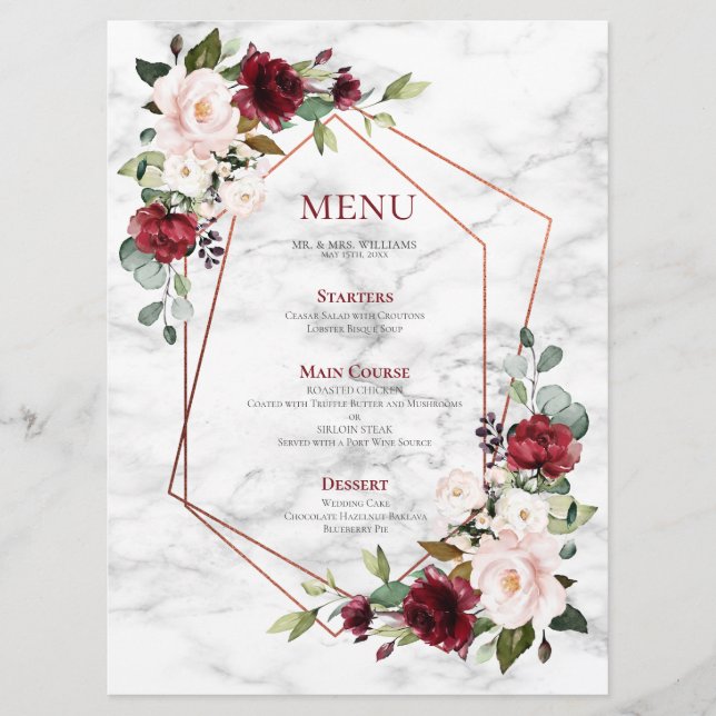 Menu Casamento Elegante Marble Marble Geométrico de Cob (Frente)