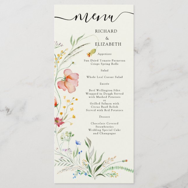 Menu Casamento Elegante Mínimo de Flor Selvagem Moderna (Frente)