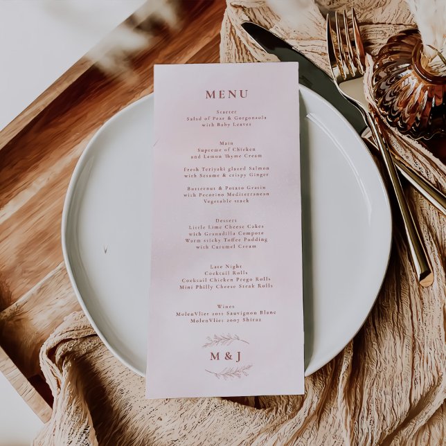Menu Casamento Elegante Mínimo de Folha de Boho Rosa (Criador carregado)