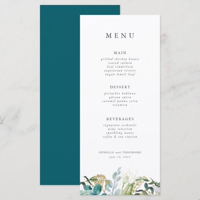 Menu Casamento Elegante Moderno Botânico Teal (Frente/Verso)