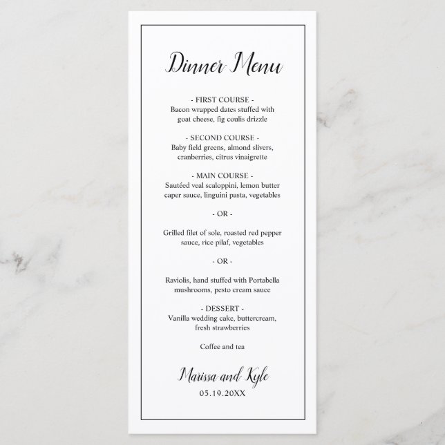 Menu Casamento Elegante Moderno Branco Negro Simples (Frente)