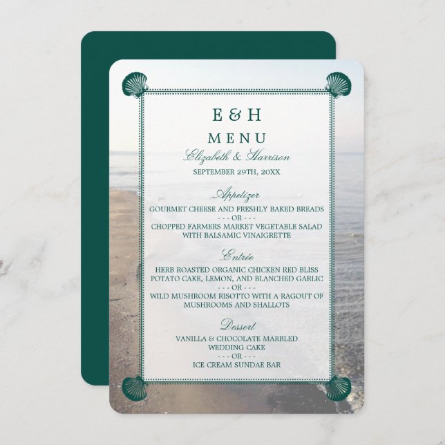 Menu Casamento Elegante Monograma & Teal Scallop Beach (Frente/Verso)