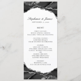Menu Casamento Elegante Preto Branco Prata Folha Ágata