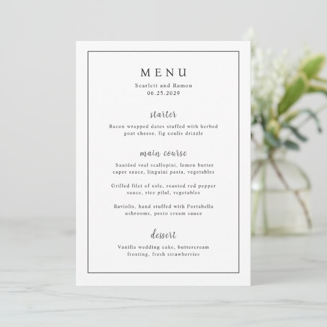Menu Casamento Elegante Preto e Branco Atemporal (Em pé/Frente)