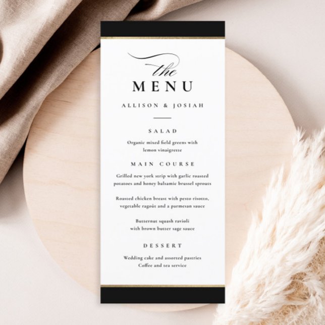 Menu Casamento Elegante Preto e Dourado (Elegant black and white with gold frame wedding menu.)