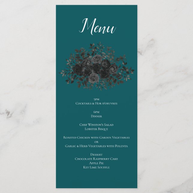Menu Casamento Elegante Rosa Gótico de Teal Negro (Frente)