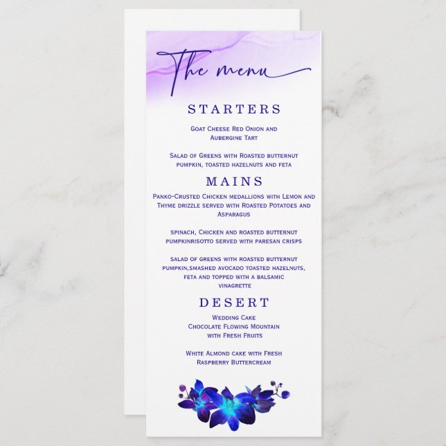 Menu Casamento Elegante Roxo e Orquídea Azul (Frente/Verso)