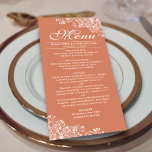 Menu Casamento Elegante Terracotta Coral & White Curls<br><div class="desc">Este lindo cardápio de coral de terracota vai adicionar um estilo à sua recepção de casamento. Ele apresenta um design simples, mas bonito, com letras elegantes de escrita e ornamentados decorativos e espirais brancos nos cantos. Há espaço para os nomes do casal e da data do casamento, e o texto...</div>
