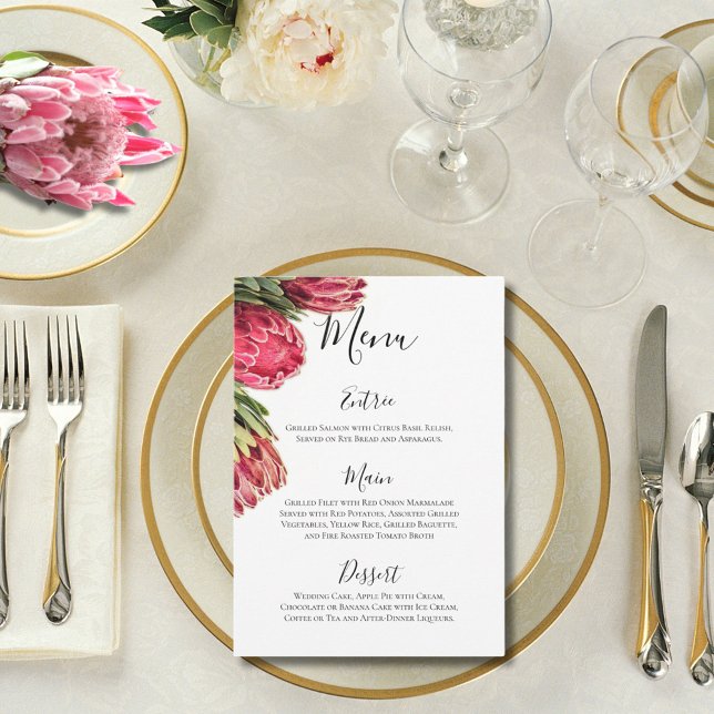 Menu Casamento Elegante Tropical com Proteas Rosa e Ver (Criador carregado)