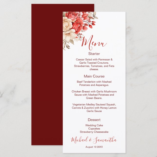 Menu Casamento Elegante Vermelho e Rosa de Marfim (Frente/Verso)