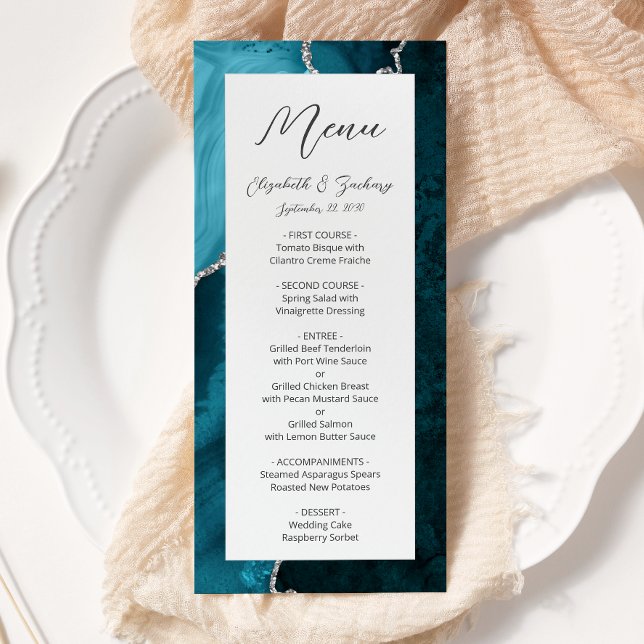 Menu Casamento em Ágata Azul Teal Prata Moderno (Criador carregado)