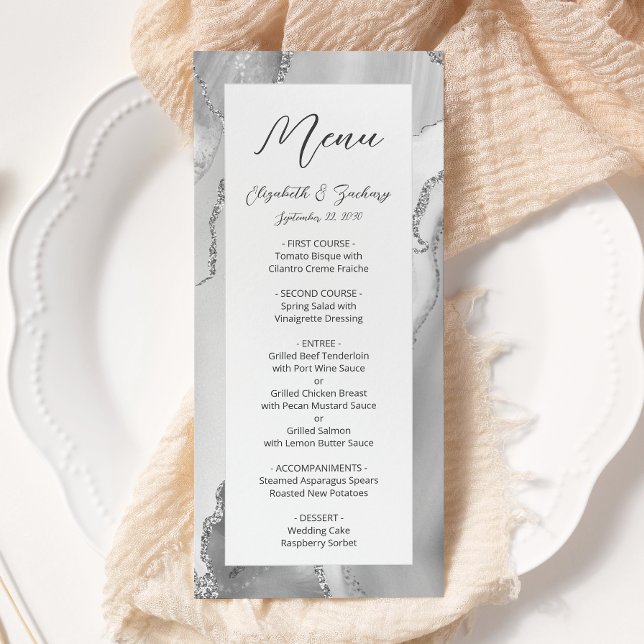 Menu Casamento em Ágata Cinza Prata Moderna (Criador carregado)