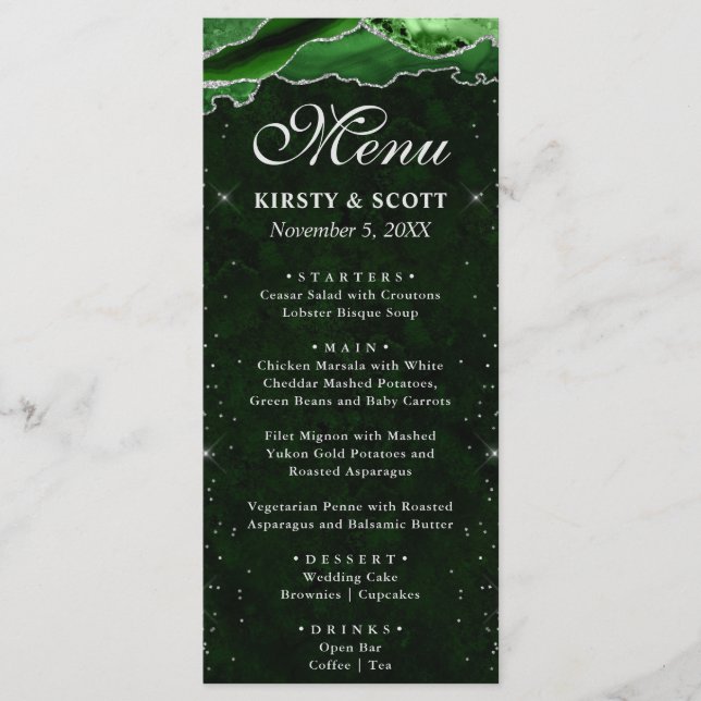Menu Casamento em Ágata Falsa Brilho Verde e Prata (Frente)