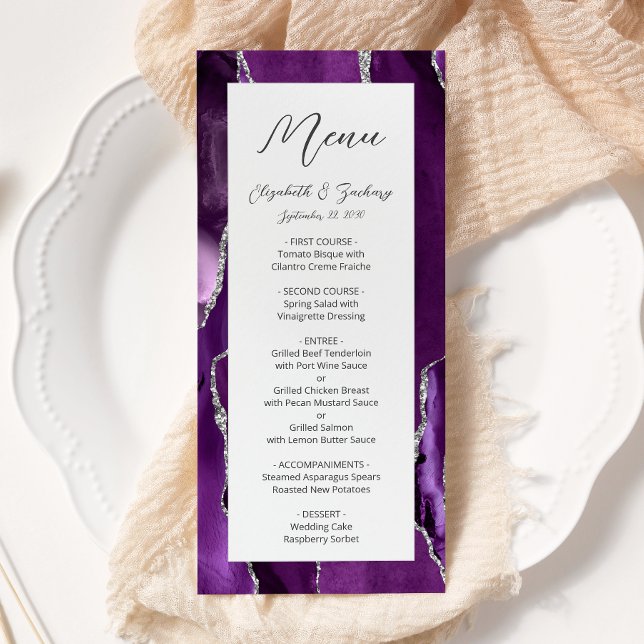 Menu Casamento em Ágata Prata Roxo Moderno (Criador carregado)