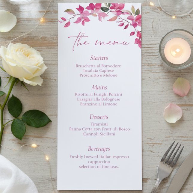 Menu Casamento em Aquarela Floral Rosa Elegante (Criador carregado)