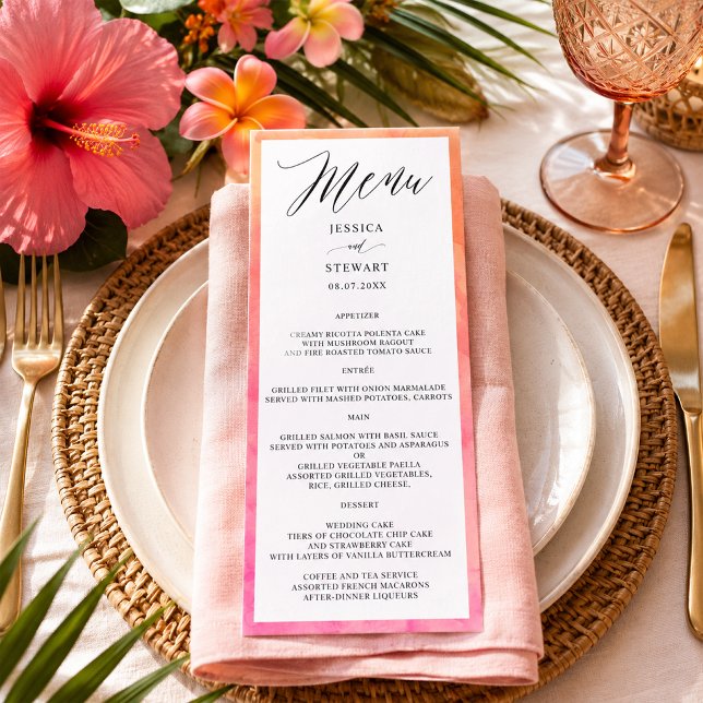 Menu Casamento em Aquarela Rosa Laranja Moderna e Elega (Elegant Modern Pink Orange Watercolor Wedding Menu)
