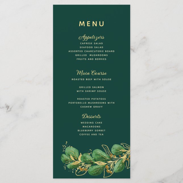 Menu Casamento Emerald Green e Dourado Eucalyptus Green (Frente)