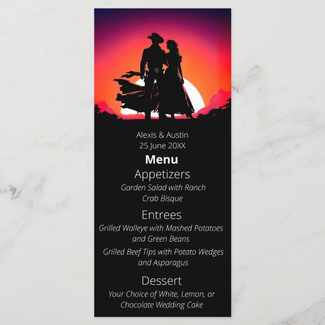 Menu Casamento entre Cowboy e Bride Sundown Western Sty (Frente)