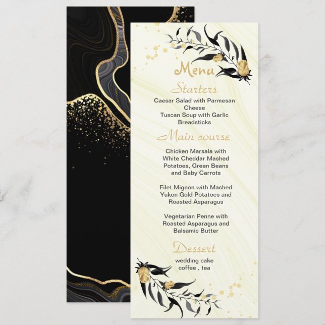 Menu casamento entre flores douradas e folhas negras (Frente/Verso)