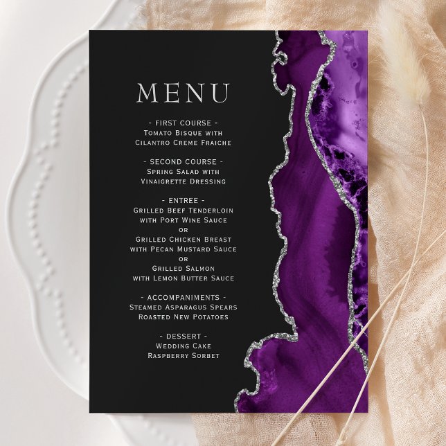Menu Casamento Escuro Ágata Prata Roxa (Criador carregado)