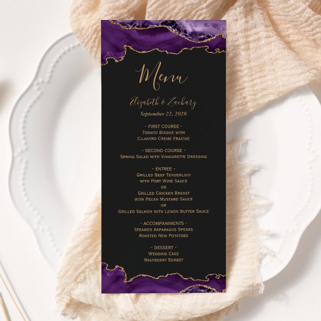 Menu Casamento Escuro de Ágata Roxa Dourada Elegante (Criador carregado)