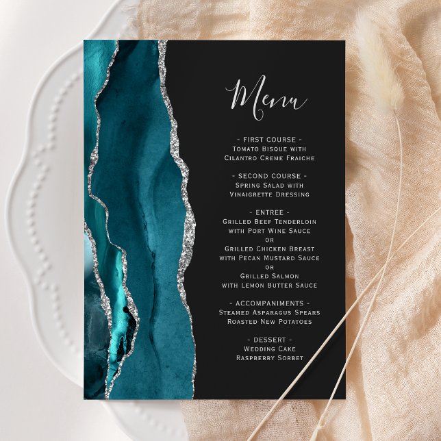 Menu Casamento Escuro de Agato de Prata Azul Teal (Criador carregado)