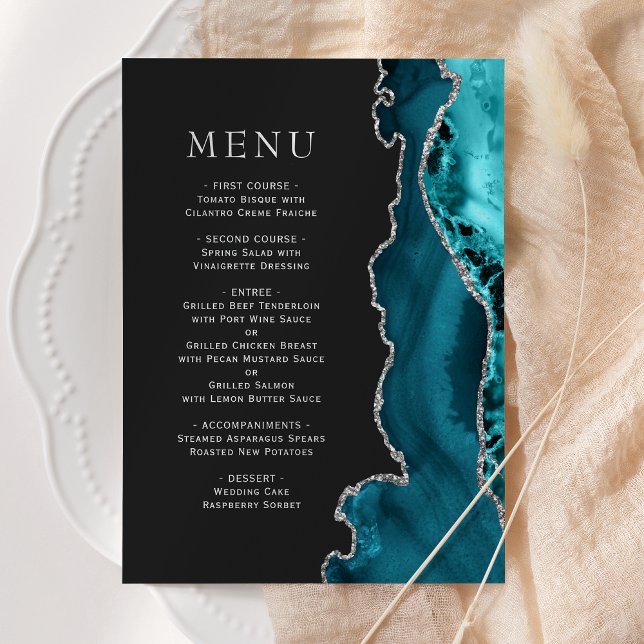 Menu Casamento Escuro de Agato de Prata Azul Teal (Criador carregado)