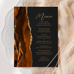 Menu Casamento Escuro Dourado Agate Laranja Queimado<br><div class="desc">Este elegante cardápio moderno de casamento apresenta uma cor de água laranja queimada, borda agitada, aparada com brilho de ouro falso. O texto personalizável combina o script de escrita manual dourado e as fontes sans serif em um fundo preto de slate. A laranja queimada e o design de agate dourado...</div>