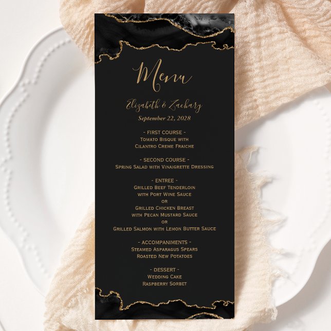 Menu Casamento Escuro Elegante Preto e Dourado de Ágata (Criador carregado)