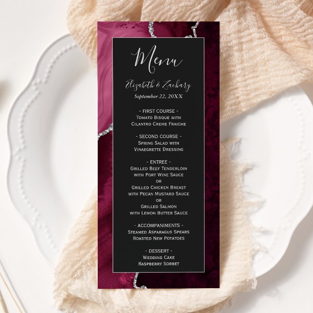 Menu Casamento Escuro Moderno Burgundy Prata Ágata (Criador carregado)