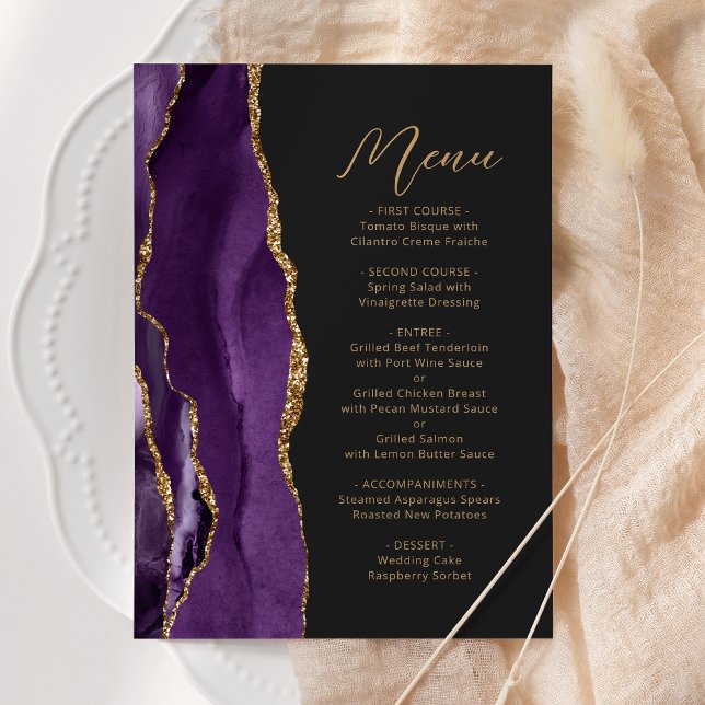 Menu Casamento Escuro Moderno em Grafite Dourado Roxo (Criador carregado)