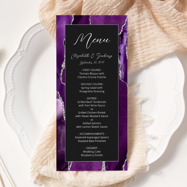 Menu Casamento Escuro Moderno Roxo Prata Ágata (Criador carregado)