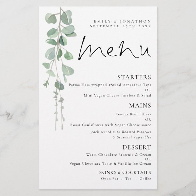 Menu Casamento Eucalyptus Com Aquarela Orçamental (Frente)