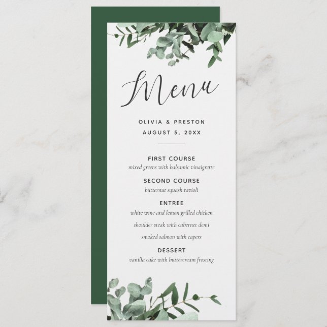 Menu Casamento Eucalyptus e Greenery Watercolor (Frente/Verso)
