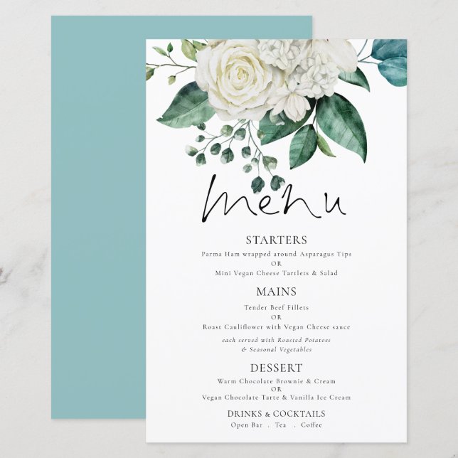Menu Casamento Eucalyptus Florals Branco do Orçame (Frente/Verso)