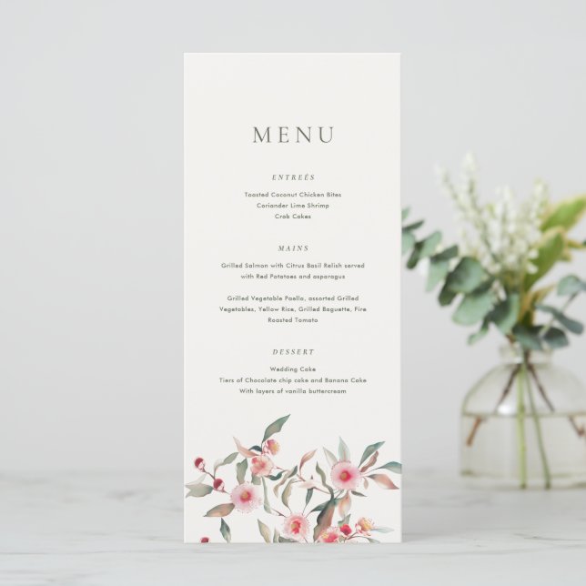 Menu Casamento Eucalyptus Greenery & Pink Florals (Em pé/Frente)