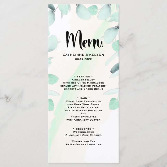 Menu Casamento Eucalyptus Watercolor Elegante Verde (Frente)